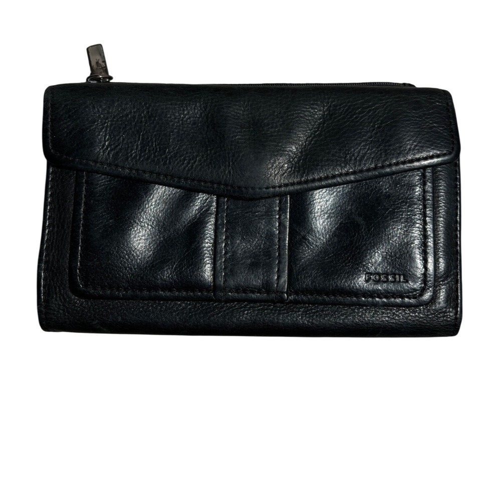 Fossil Black Leather Trifold Clutch Wallet Organizer ID Window Zip Pocket Moto